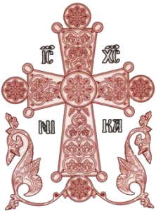 red Byzantine style cross with the letters I C X C NIKA