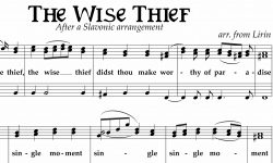 Close up of sheet music for "the Wise Thief"